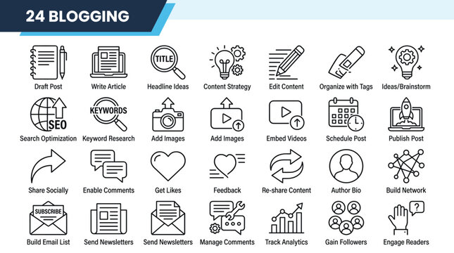 Blogging line icon set, 24 content marketing and copywriting vector symbols, professional blog management and SEO strategy outline icons