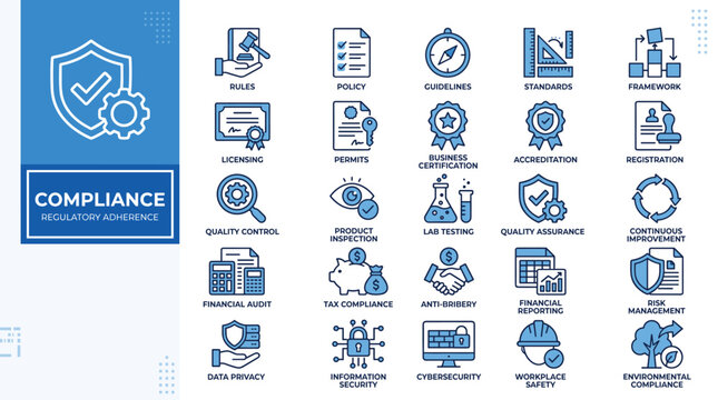 Regulatory compliance icon set, 25 business standards and quality control vector symbols, corporate policy and legal adherence line icons