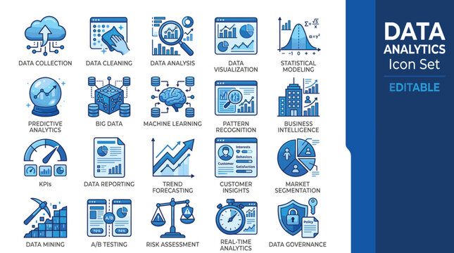 Data Analytics Icon Set with 20 Blue Vector Elements. Business Intelligence and Machine Learning Graphics. Big Data Analysis and Statistics Symbols.