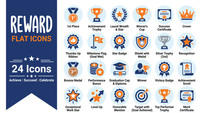 Reward flat icons set of 24 vector symbols, achievement trophy and success award illustrations, blue and orange victory medals for business and education