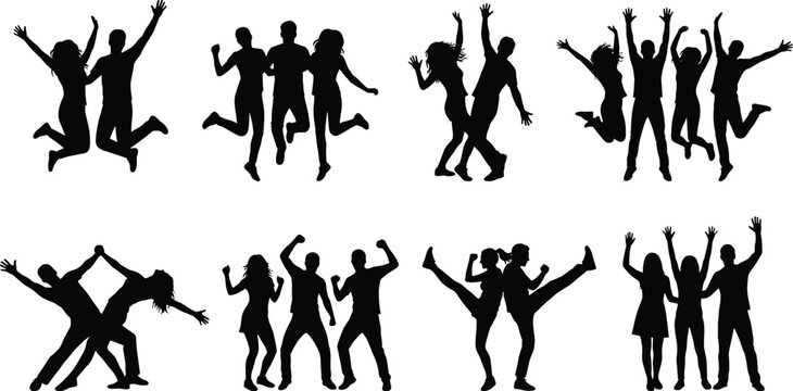 Silhouetted figures jumping and dancing with raised arms in black against white background de