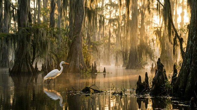 Great egret in louisiana cypress swamp at golden hour
