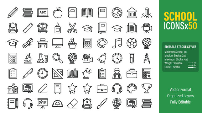 Minimalist school icons set of 50, thin line education vector symbols for learning and teaching, black outline academic supplies and classroom equipment