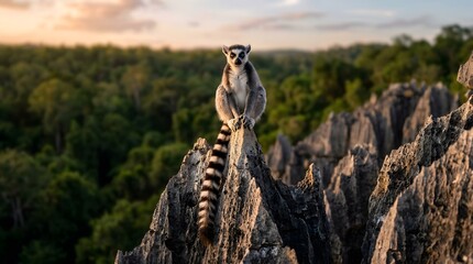 Naklejka premium Ring tailed lemur perched on limestone pinnacle madagascar wildlife