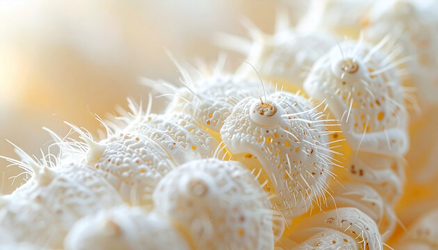 Close up macro shot of white textured forms with sharp details and soft light