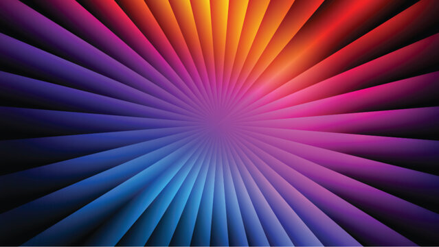 Vibrant Purple Blue Pink Orange Radial Starburst Abstract Background, Neon Light Burst with Colorful Rays, Futuristic Energy Wallpaper