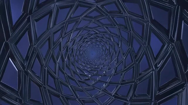 Abstract tunnel with blue geometric grid structure. Futuristic deep space portal with repeating architectural frames. Digital cyberspace background and sci-fi concept.