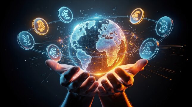 Hands holding a glowing digital Earth surrounded by floating cryptocurrency symbols representing global finance and digital currency exchange.