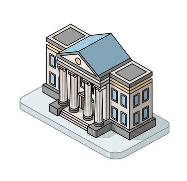 Isometric illustration of a classical building with columns and a pediment, set against a png transparent.