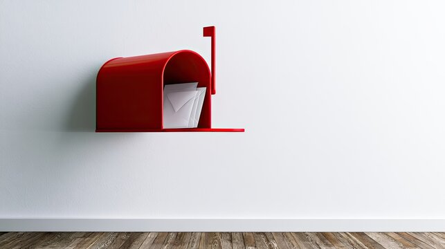 Bright red mailbox attached to a clean white wall, containing letters