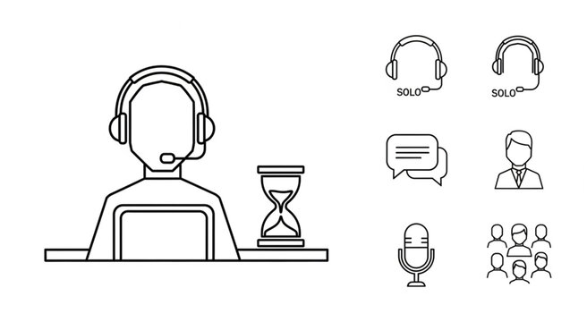 Customer support agent wearing headset working on computer with hourglass