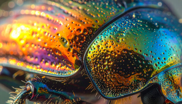 Close up of a colorful iridescent beetle with detailed texture and reflections