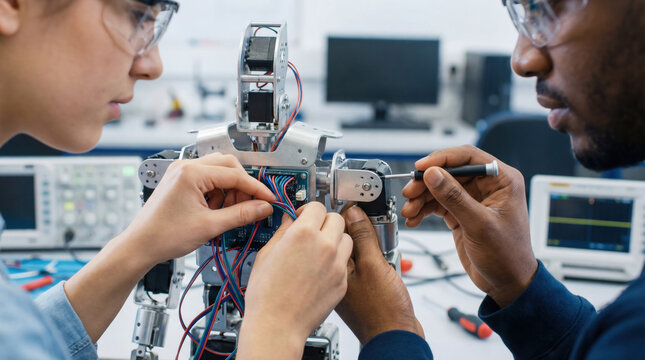 Engineers assembling small robot and connecting wires in electronics lab