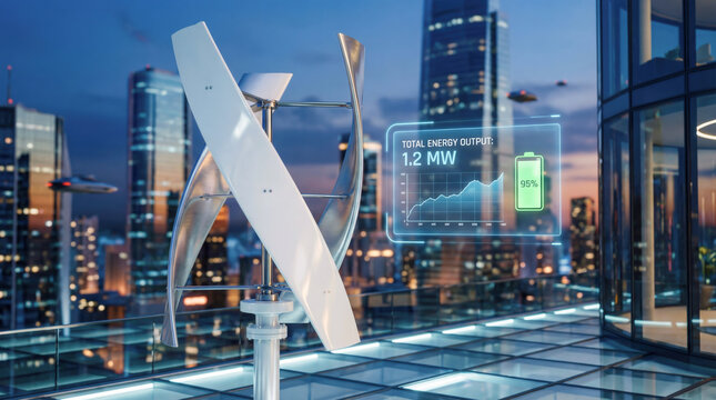 Single rooftop wind turbine with digital energy output in smart city