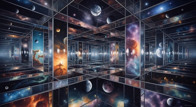 Surreal Mirror Maze Reflecting Colorful Galaxy Panels in Infinite Geometric Space
