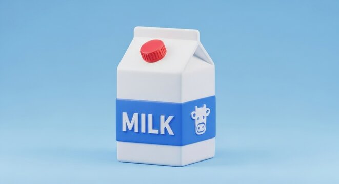 A white milk carton with a red cap on a blue background.