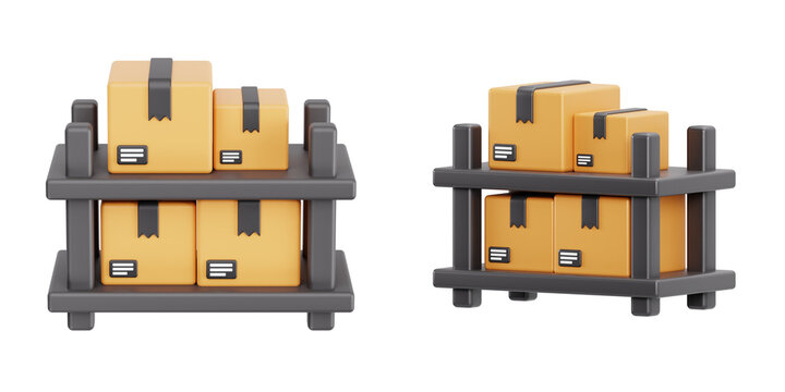 3D Render of Warehouse Storage Shelf with Cardboard Boxes