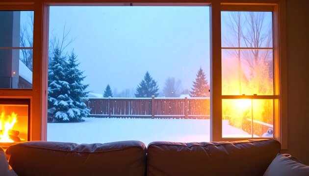 Cozy Winter Evening View From Inside A Warm Home With A Fireplace And Snow Outside.