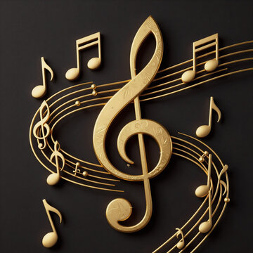 Art Deco Jazz And Blues. Intricate Gold Design Featuring Swirling Patterns Of Music Notes And Treble Clef