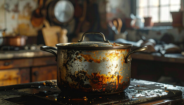Close up of a dirty cooking pot with handles on a stove top in a kitchen