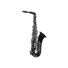 Naklejka premium Saxophone instrument silhouette captures the elegant form of a musical device used in jazz performances.