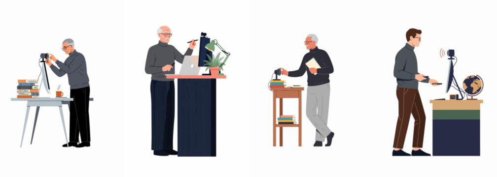 Set of illustrations depicting men of various ages working at standing desks with computers, using webcams for remote work and video conferencing.