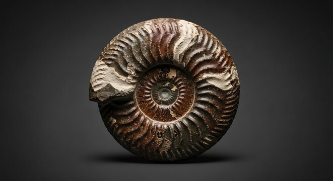 Close up of a fossilized ammonite shell isolated on a dark background