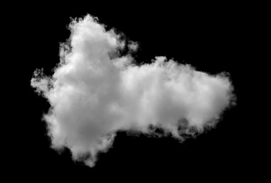 Realistic white cloud isolated on black background with soft texture and detailed vapor effect. Concept of weather, atmosphere, fog, smoke, sky element, cloudscape, transparency overlay