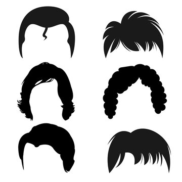 Male hairstyle silhouettes and hair toupee shapes collection for barber shop branding and grooming style guides.