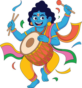 Blue Hindu God Krishna Playing Drums and Dancing 