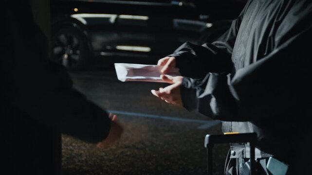 Two anonymous individuals face each other in a dark parking structure, one handing over a suitcase, the other giving a thick envelope of cash