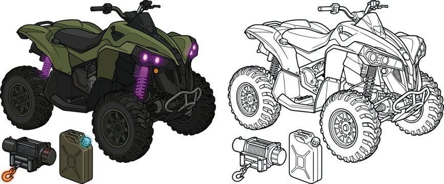 Green all-terrain vehicle with accessories vector illustration for off-road adventure and outdoor recreation concepts