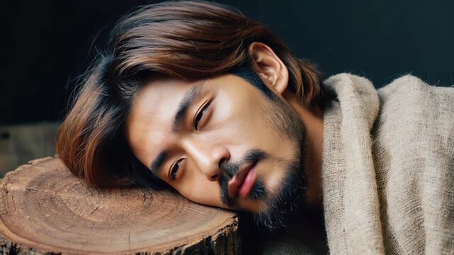 Introspective portrait of a young Asian man with long hair and beard, resting his head on a wooden stump in a moody, natural light setting