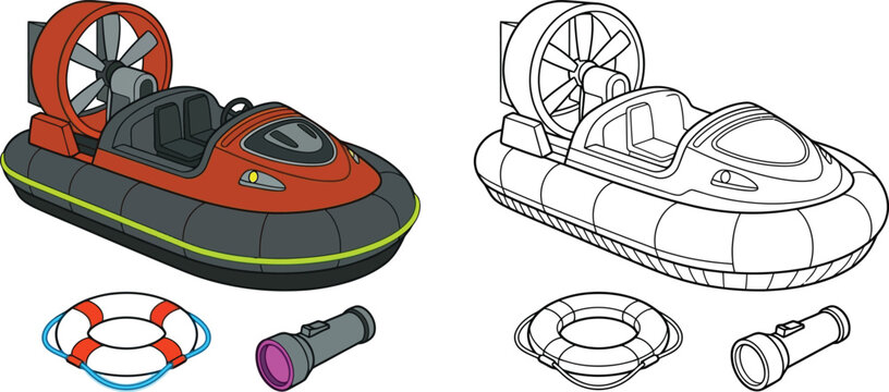 Hovercraft lifebuoy and flashlight icons flat vector illustration for rescue and transport concepts isolated on white