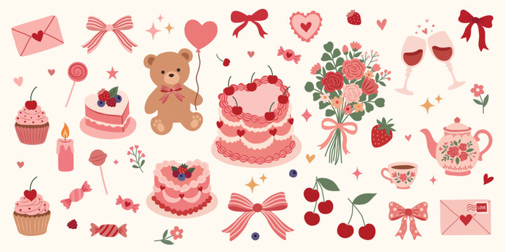 Hand drawn coquette elements set for valentines day, wedding invitation, and birthday card with vintage theme. Cute girly bows, ribbons, cherry, cake, toy bear, drink, rose, strawberry. 