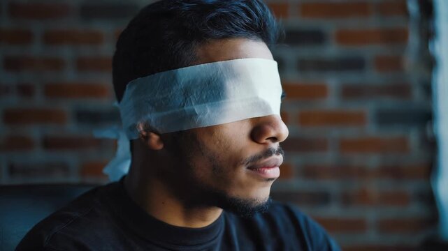 Thoughtful side profile portrait of a young man with a white eye patch and bandage, representing recovery and resilience against a rustic brick wall background