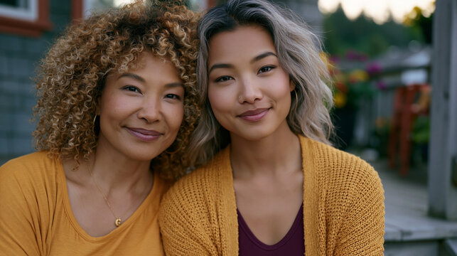 A mother and adult daughter sitting side by side on porch steps in spring bloom, leaning together, no words needed, late afternoon golden light catching their profiles, perfect for Mothers Day, adul