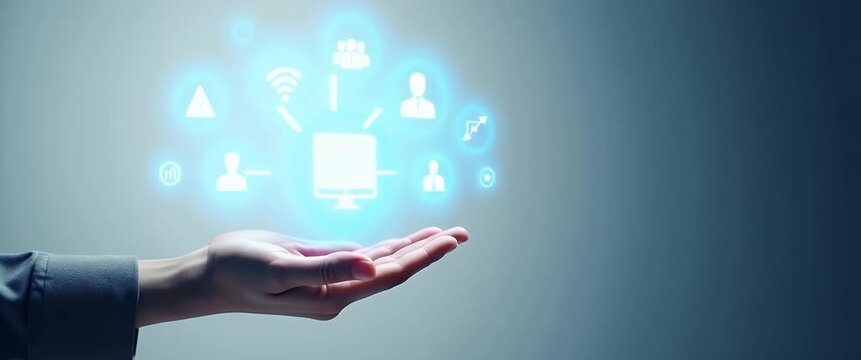 Hand presenting holographic channels icon symbolizing advertising channels in marketing within empty space background concept as A hand showcasing holographic channels icon representing advertising ch