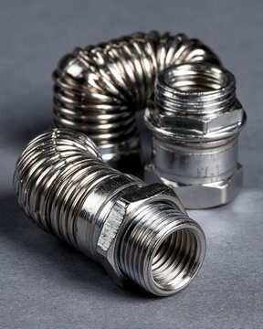Medium shot of flexible metal conduit coupling components highlighting the bendable elbow joints and secure locknuts for versatile electrical wiring setups.