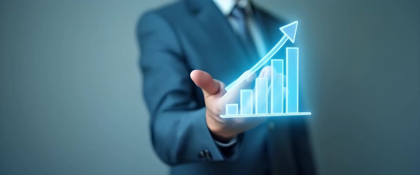Hand presenting holographic business growth efficiency symbol representing expansion efficiency in empty space background concept as A hand showcases holographic business growth efficiency symbol illu