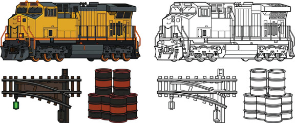 Set of train engine railway signal and oil barrels vector illustrations for industrial and transportation themes isolated on white © Naveed