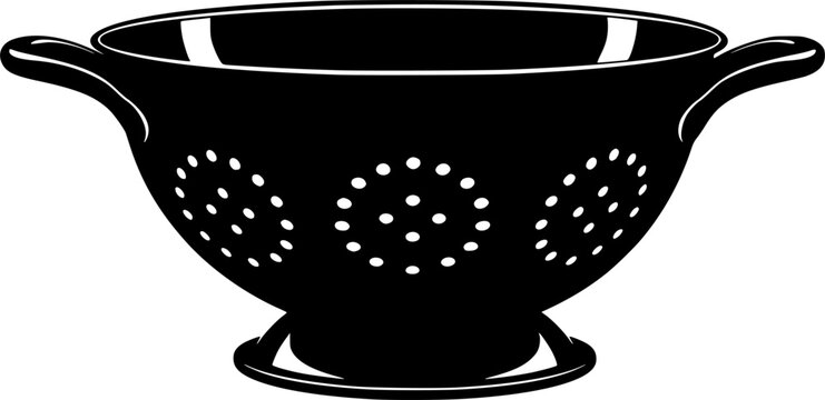 Black silhouette of a kitchen colander with many small holes and two handles isolated on white background
