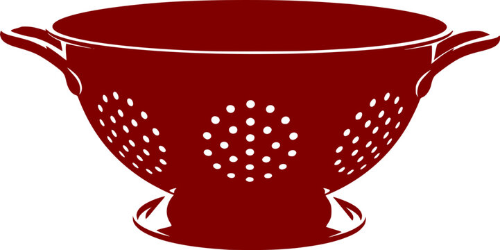 Black silhouette of a kitchen colander with many small holes and two handles isolated on white background
