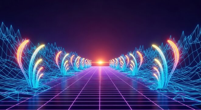 A colorful, pixelated image of a sunset with a grid floor and blue and pink lights