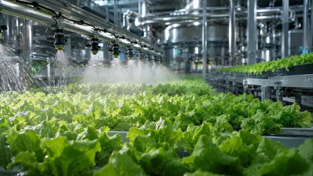Carbon neutral factory indoor hydroponic lettuce farm automated misting system with stainless steel conveyors and conveyorized greenhouse farm
