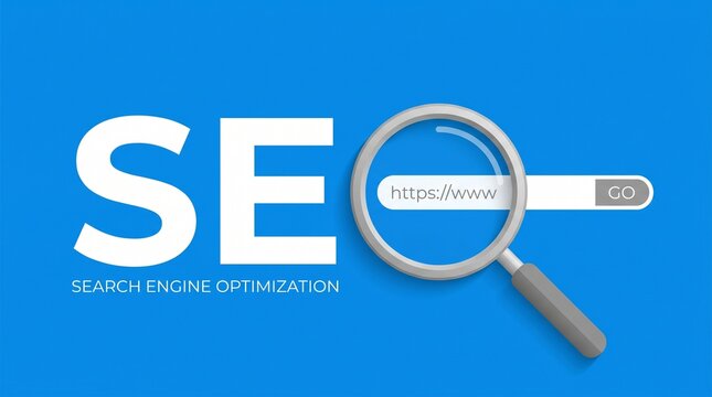 SEO (Search Engine Optimisation) concept with a magnifying glass and web browser bar on a modern blue background