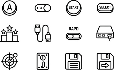 Gaming control icons set arcade buttons and interface elements isolated on transparent background © Asma