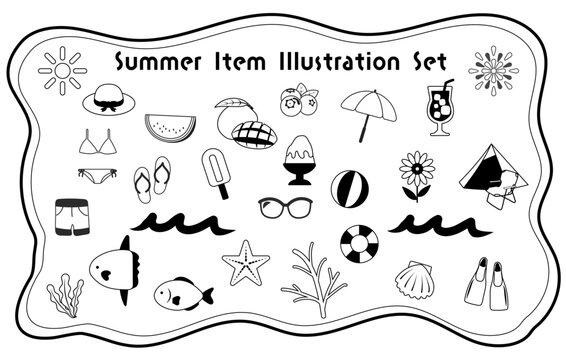 summer Item Illustration Set with Beach Accessories, Fruits, Ice Cream, Swimwear, Tropical Fish, Waves and Vacation Icons in Monochrome Vector Style
