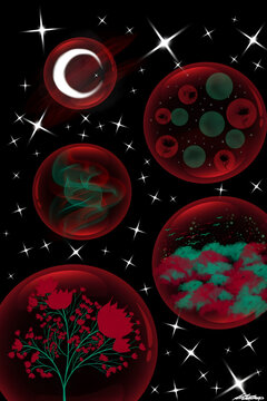 Surreal cosmic night with glowing red crystal spheres capturing mystical moons, green clouds and blooming flowers in space