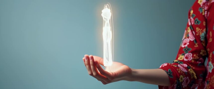 Hand holding holographic geisha symbol representing japan Tokyo geisha in empty space background concept as A hand holds holographic geisha symbol illustrating japan Tokyo geisha against minimalist ba